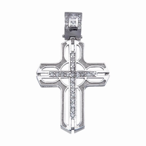 Rhodium Plated 925 Sterling Silver CZ Open Cross Hip Hop Pendant - SLP00173