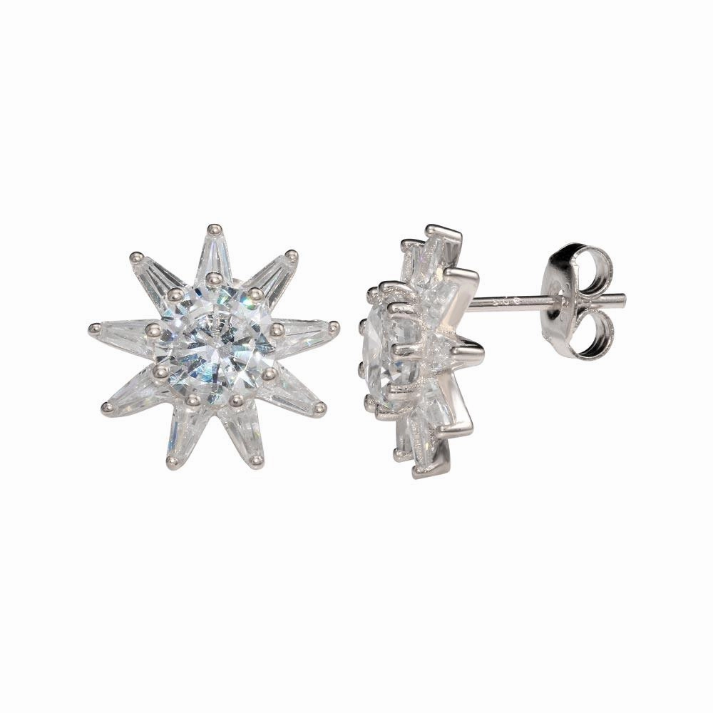 Rhodium Plated 925 Sterling Silver CZ Sun Stud Earrings - STE01149RH