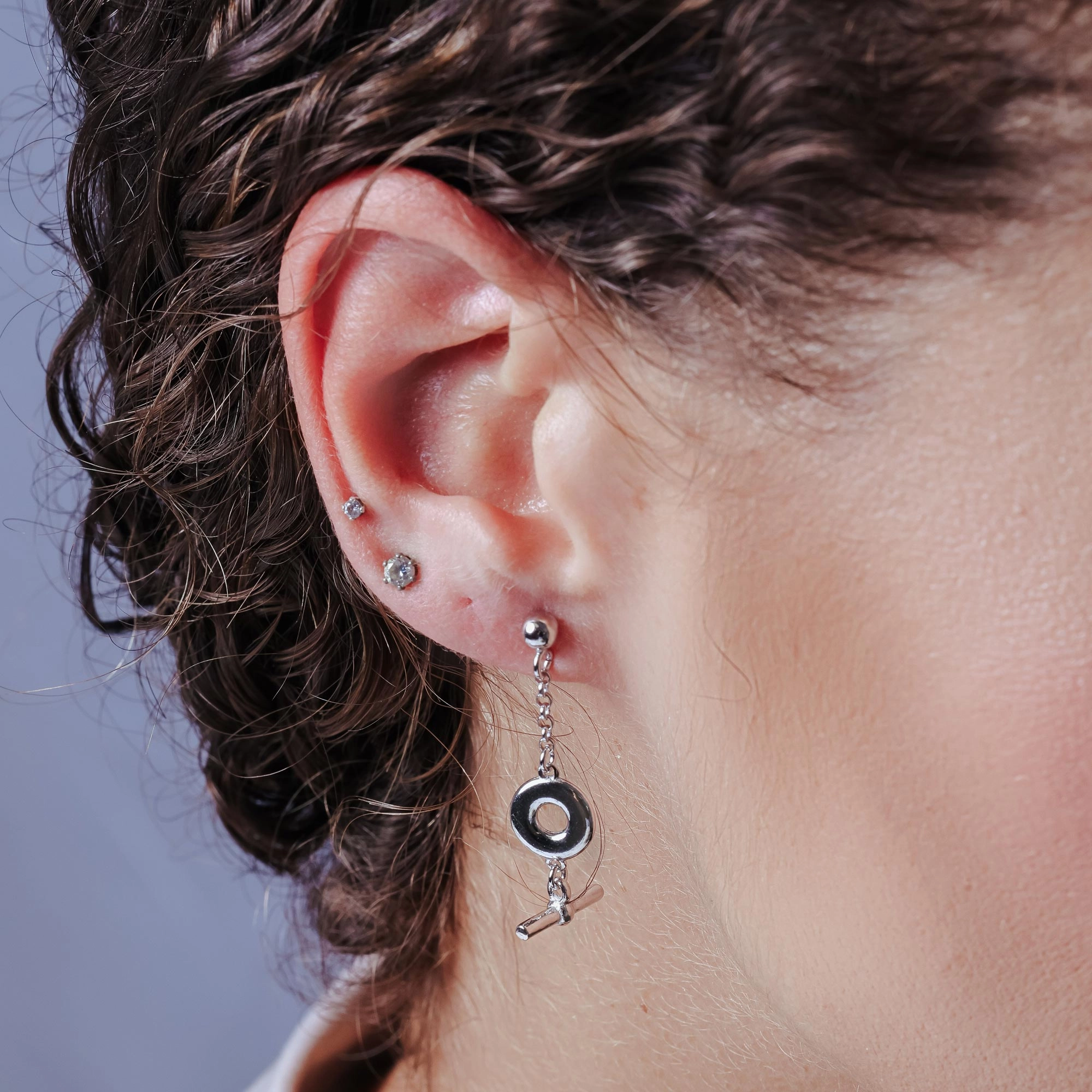 Rhodium Plated 925 Sterling Silver Dangling Donut Bar Stud Earrings - ITE00098-RH