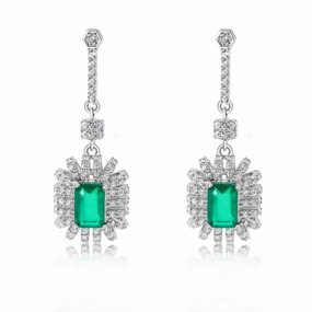 Rhodium Plated 925 Sterling Silver Dangling Green CZ Stud Earrings - BGE00745