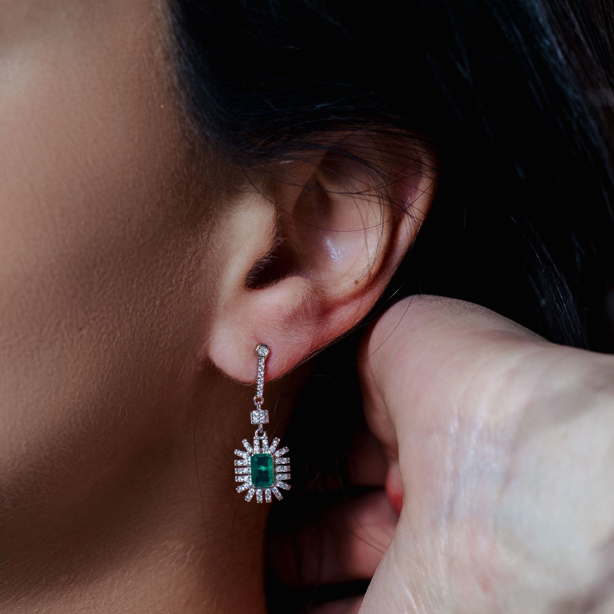 Rhodium Plated 925 Sterling Silver Dangling Green CZ Stud Earrings - BGE00745