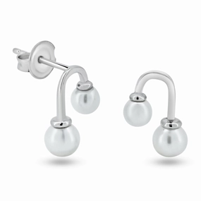 Rhodium Plated 925 Sterling Silver Dangling Synthetic Pearl Stud Earrings - GME00133