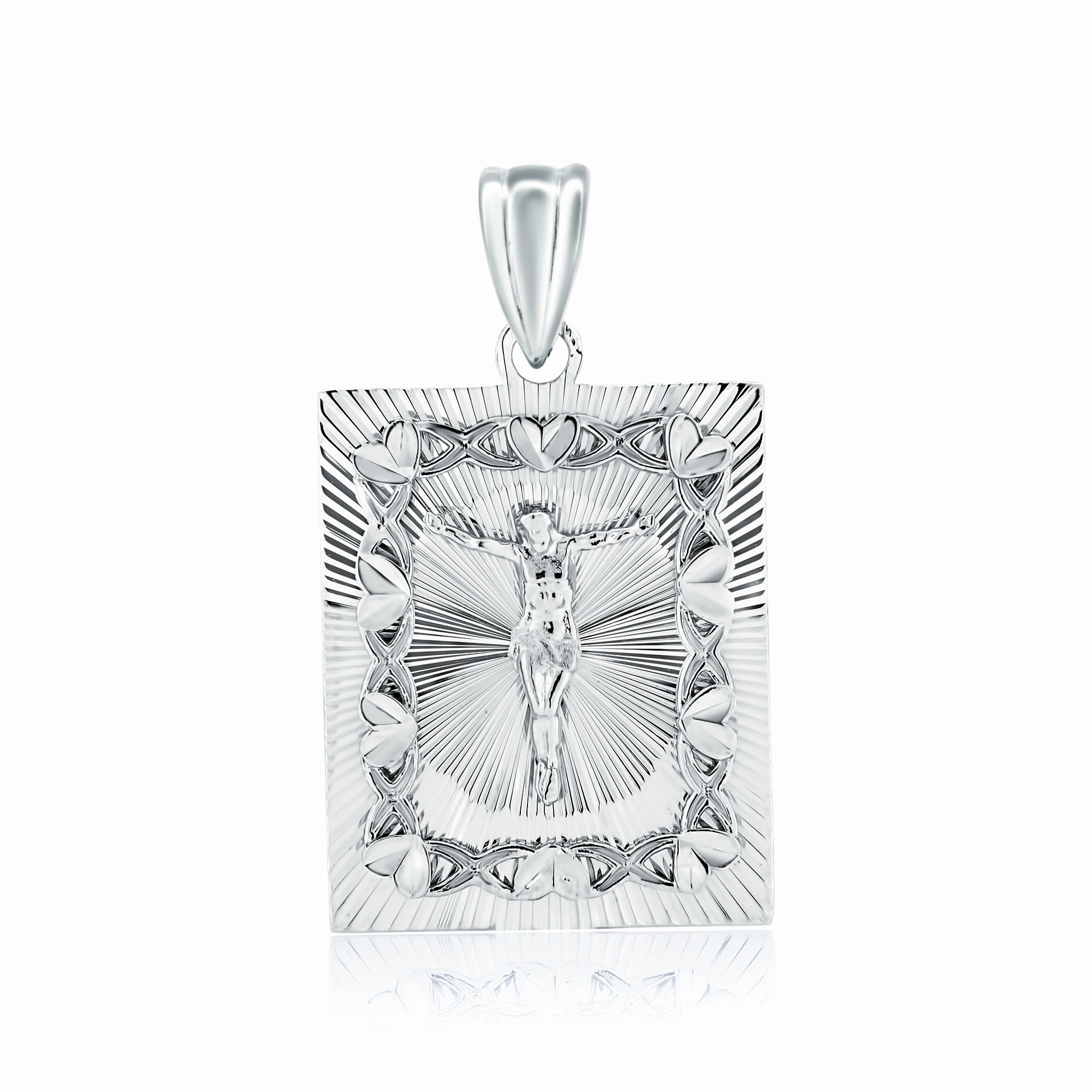 Rhodium Plated 925 Sterling Silver Diamond Cut Crucifix Square Pendant - GMP00135
