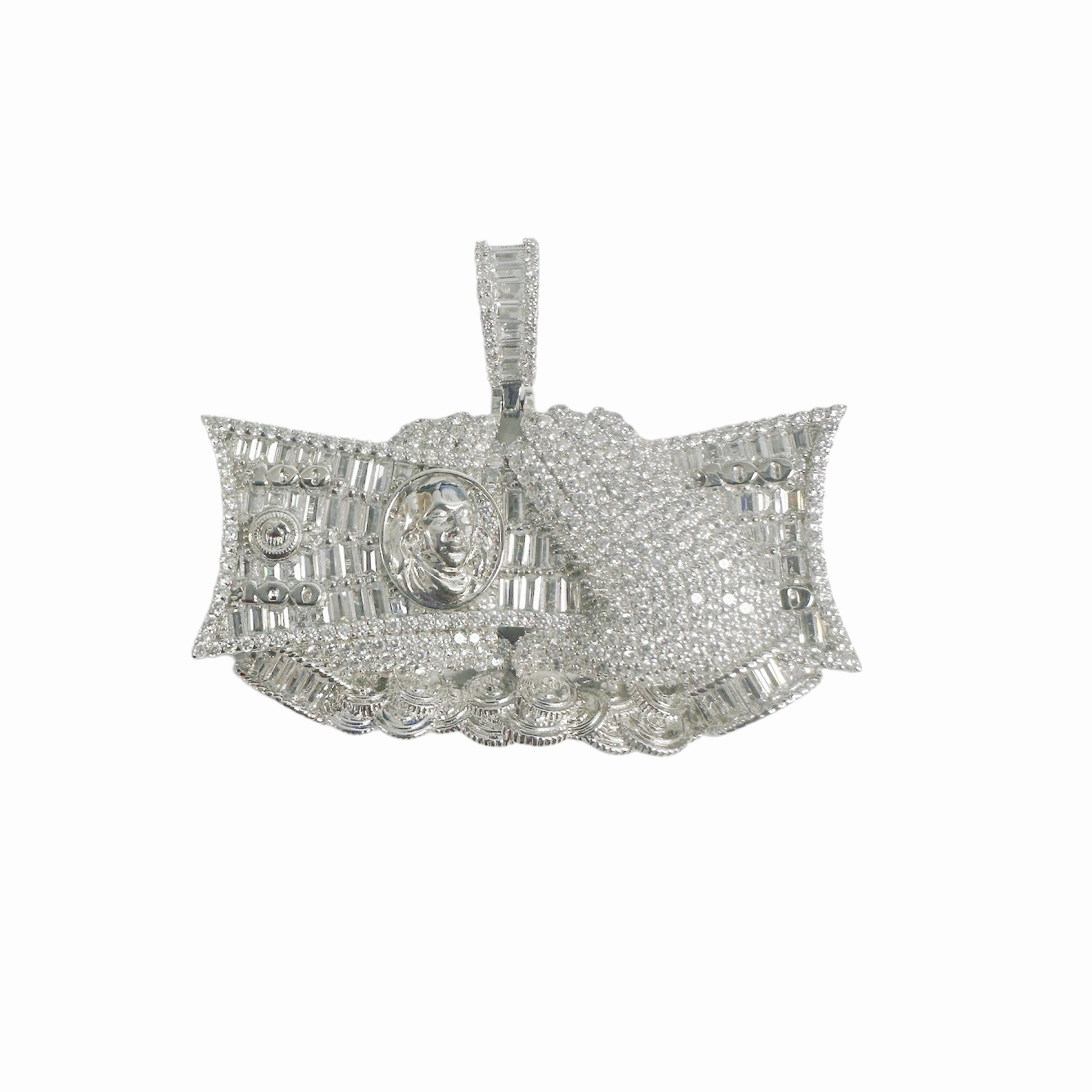 Rhodium Plated 925 Sterling Silver Dollar Bill Cash Clear CZ Pendant - SLP00378