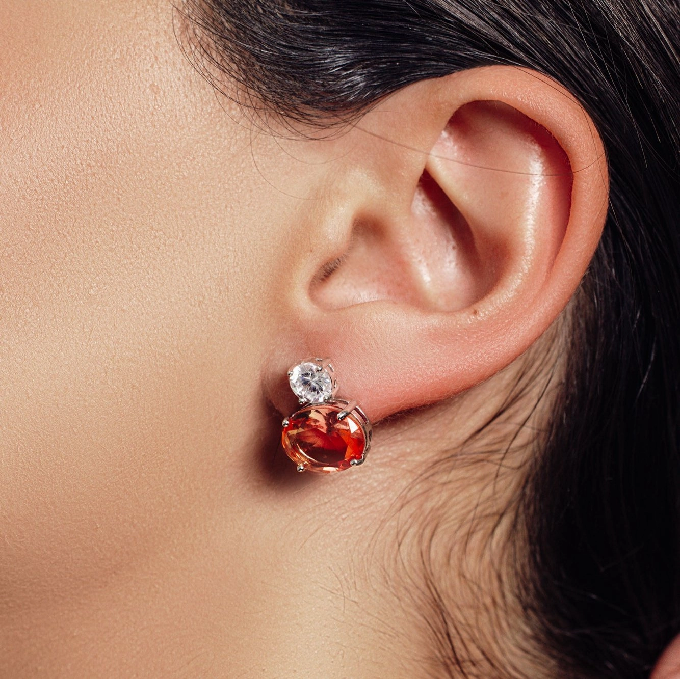 Rhodium Plated 925 Sterling Silver Drop Clear and Peach CZ  Stud Earrings - STE01205