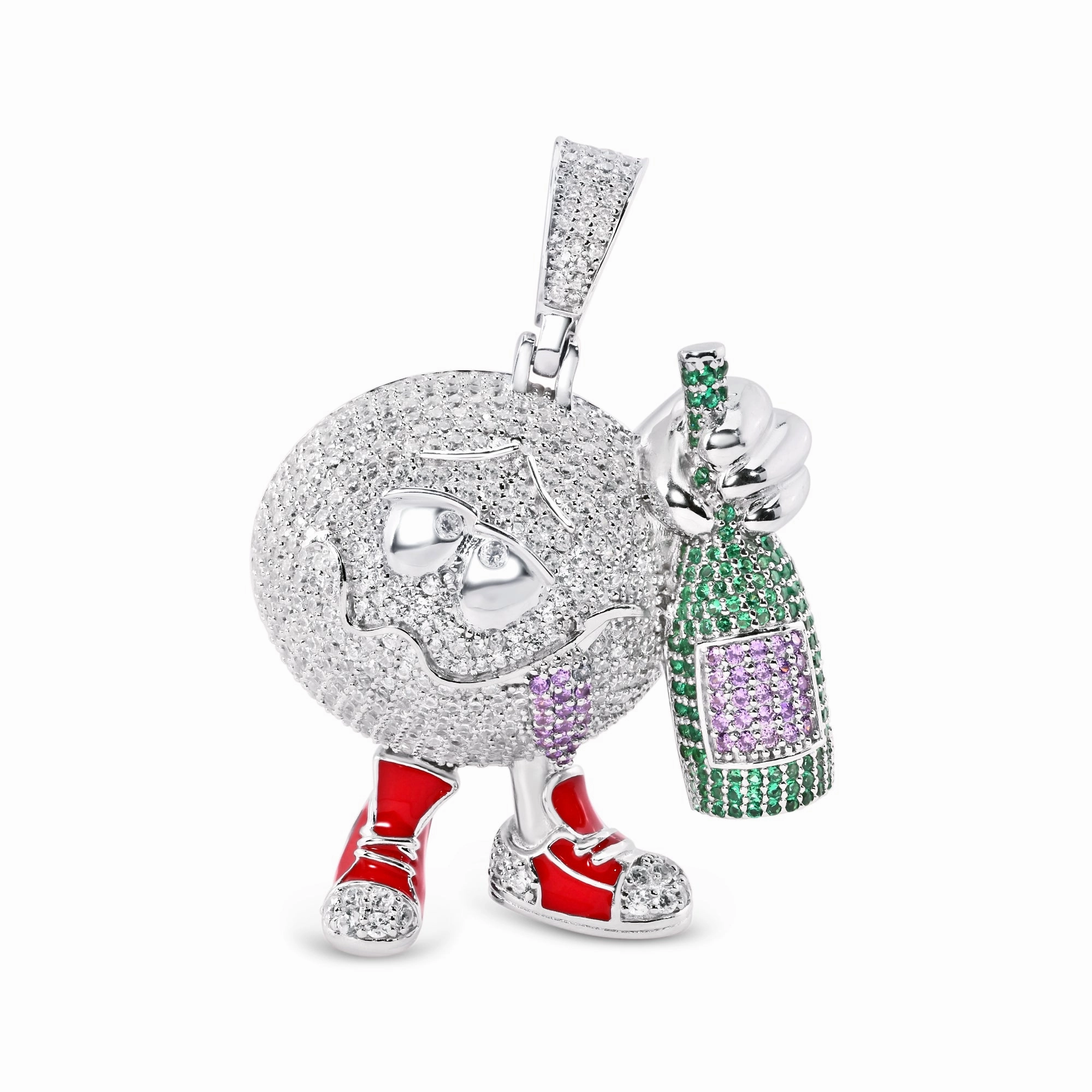 Rhodium Plated 925 Sterling Silver Drunk Wine Bottle Clear Green and Purple CZ Red Enamel Pendant - SLP00395