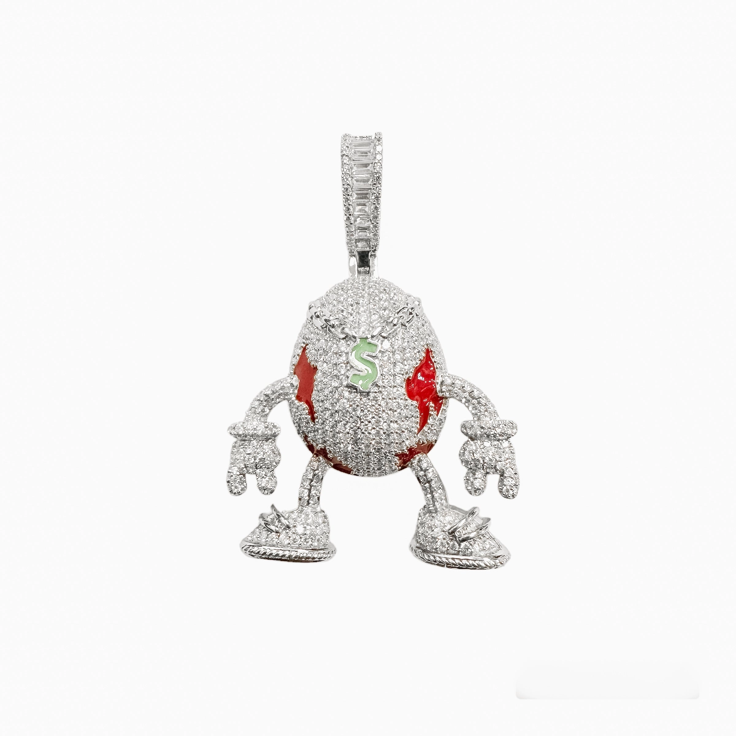 Rhodium Plated 925 Sterling Silver Egg Shaped Hip Hop Clear CZ Red and Green Enamel Pendant - SLP00376