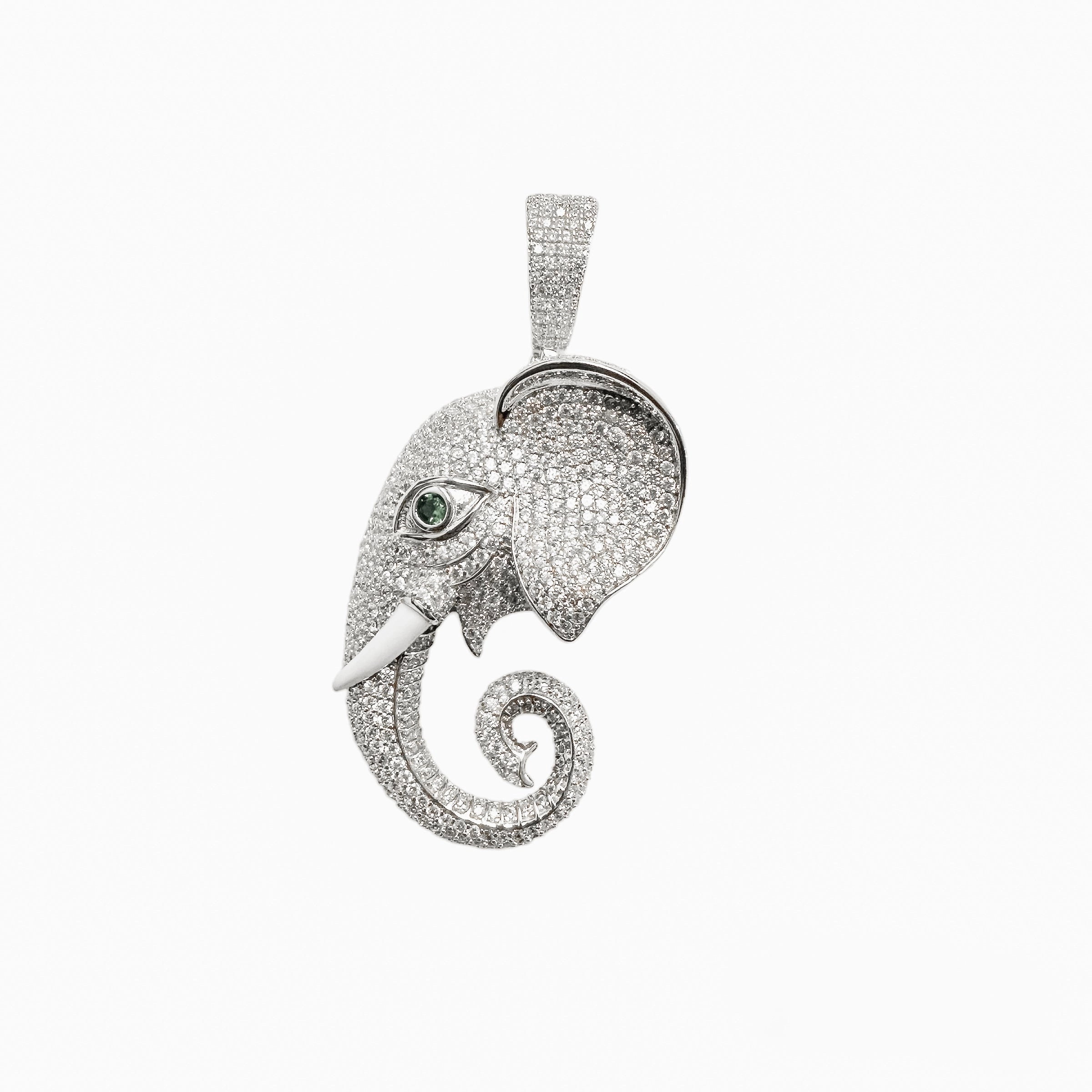 Rhodium Plated 925 Sterling Silver Elephant Green Eye and Clear CZ Pendant - SLP00406