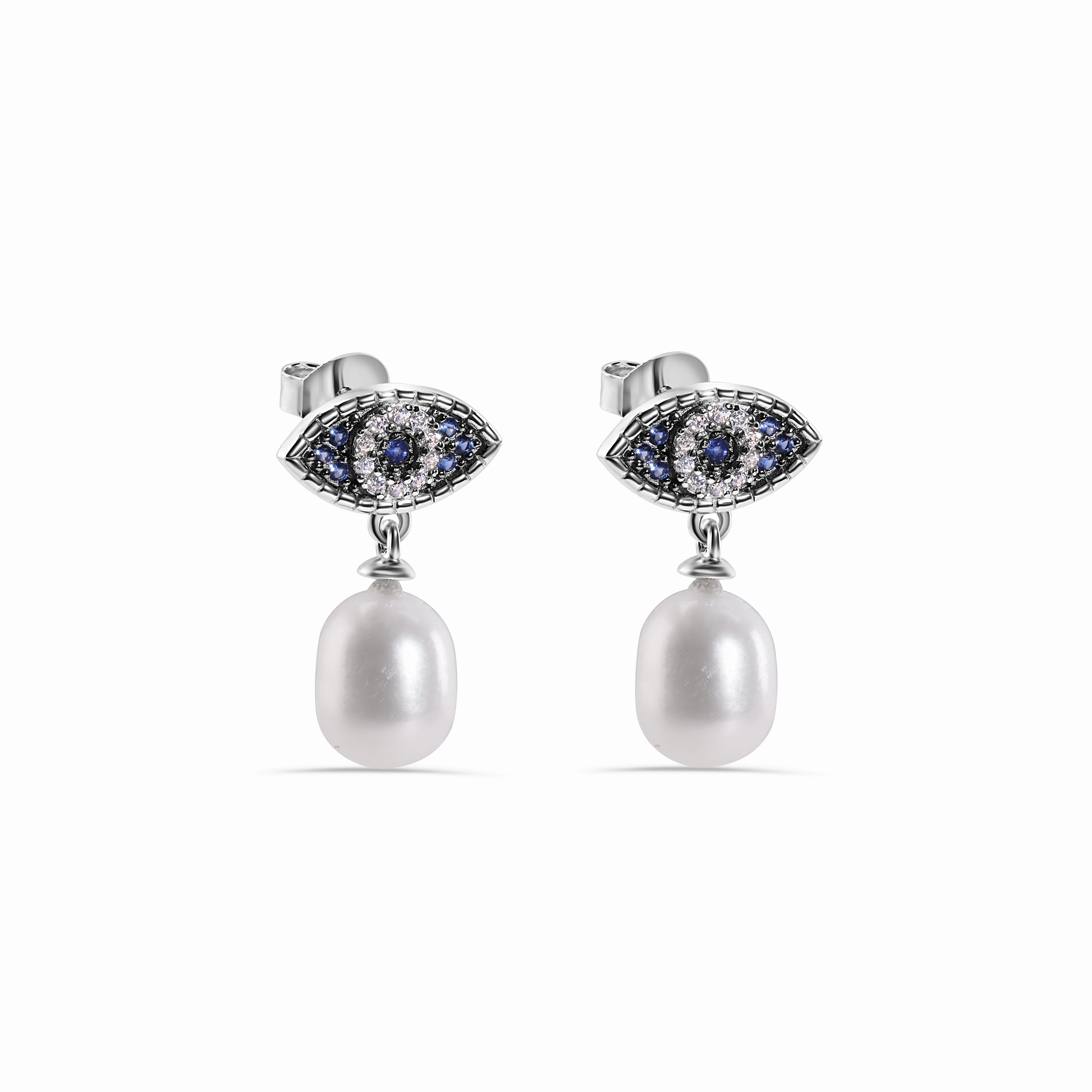 Rhodium Plated 925 Sterling Silver Evil Eye Dangling Syntethic Pearl Clear and Blue CZ Stud Earrings - BGE00734