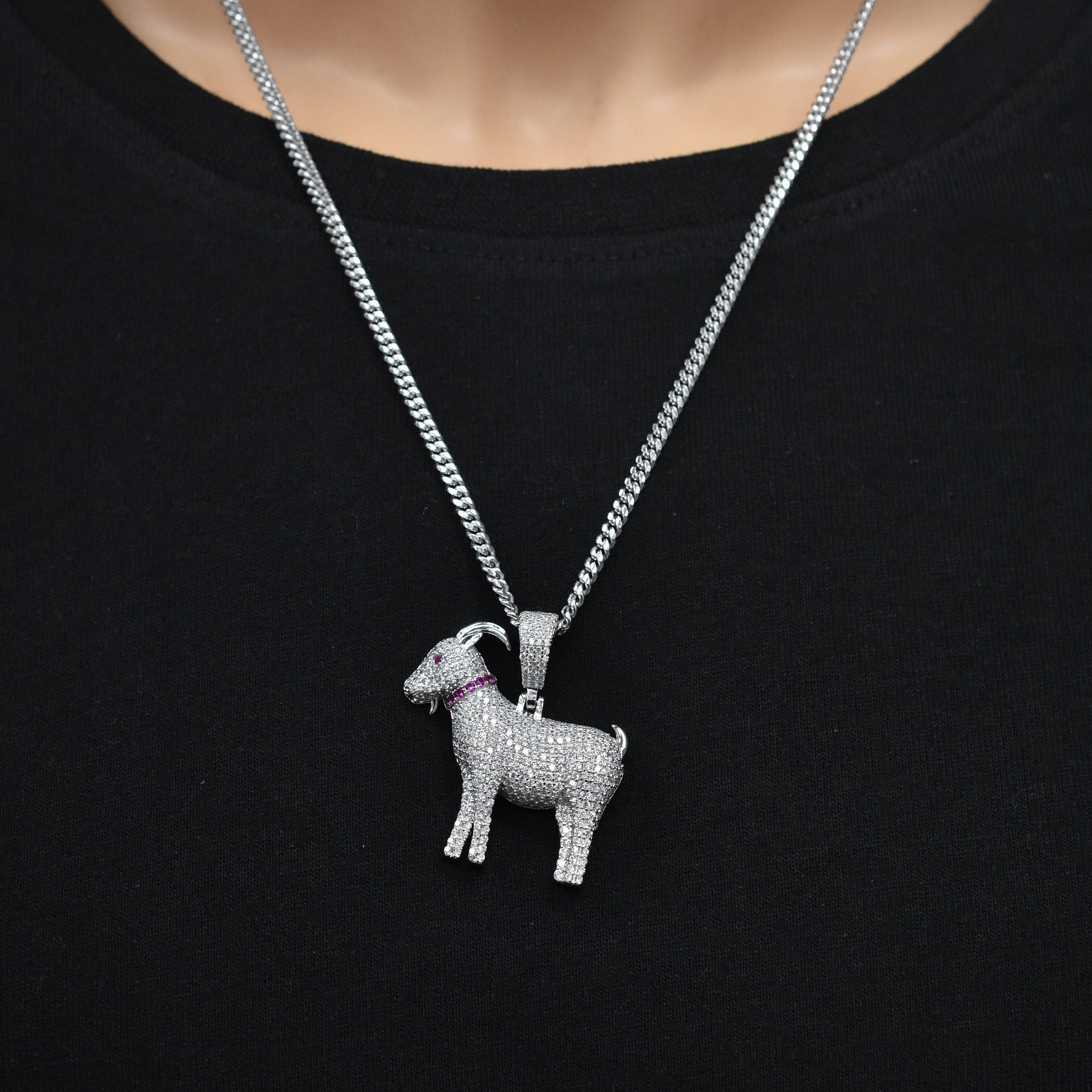 Rhodium Plated 925 Sterling Silver Goat Red and Clear CZ 33.6mm x 34mm Pendant - SLP00488