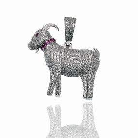 Rhodium Plated 925 Sterling Silver Goat Red and Clear CZ 33.6mm x 34mm Pendant - SLP00488