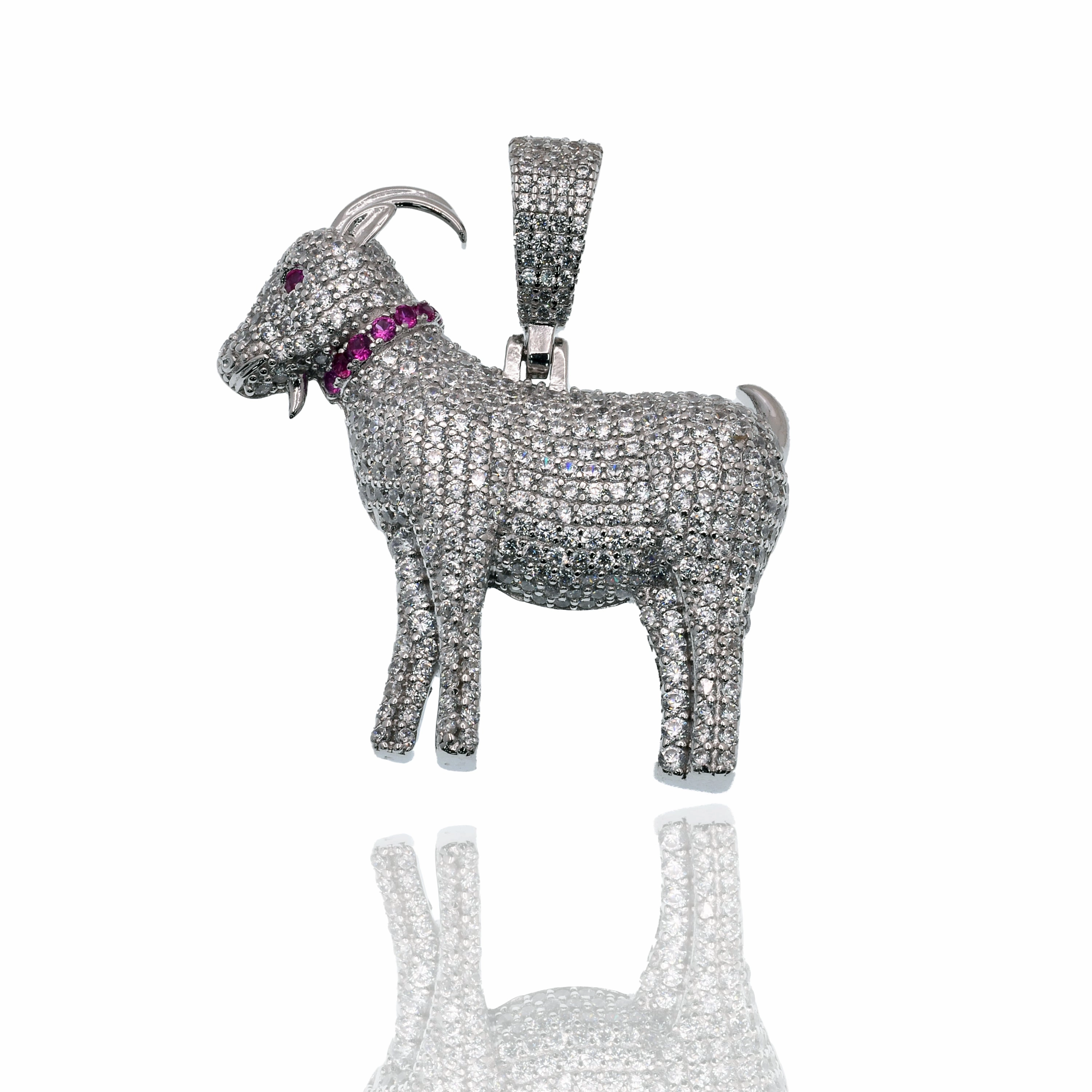 Rhodium Plated 925 Sterling Silver Goat Red and Clear CZ 33.6mm x 34mm Pendant - SLP00488
