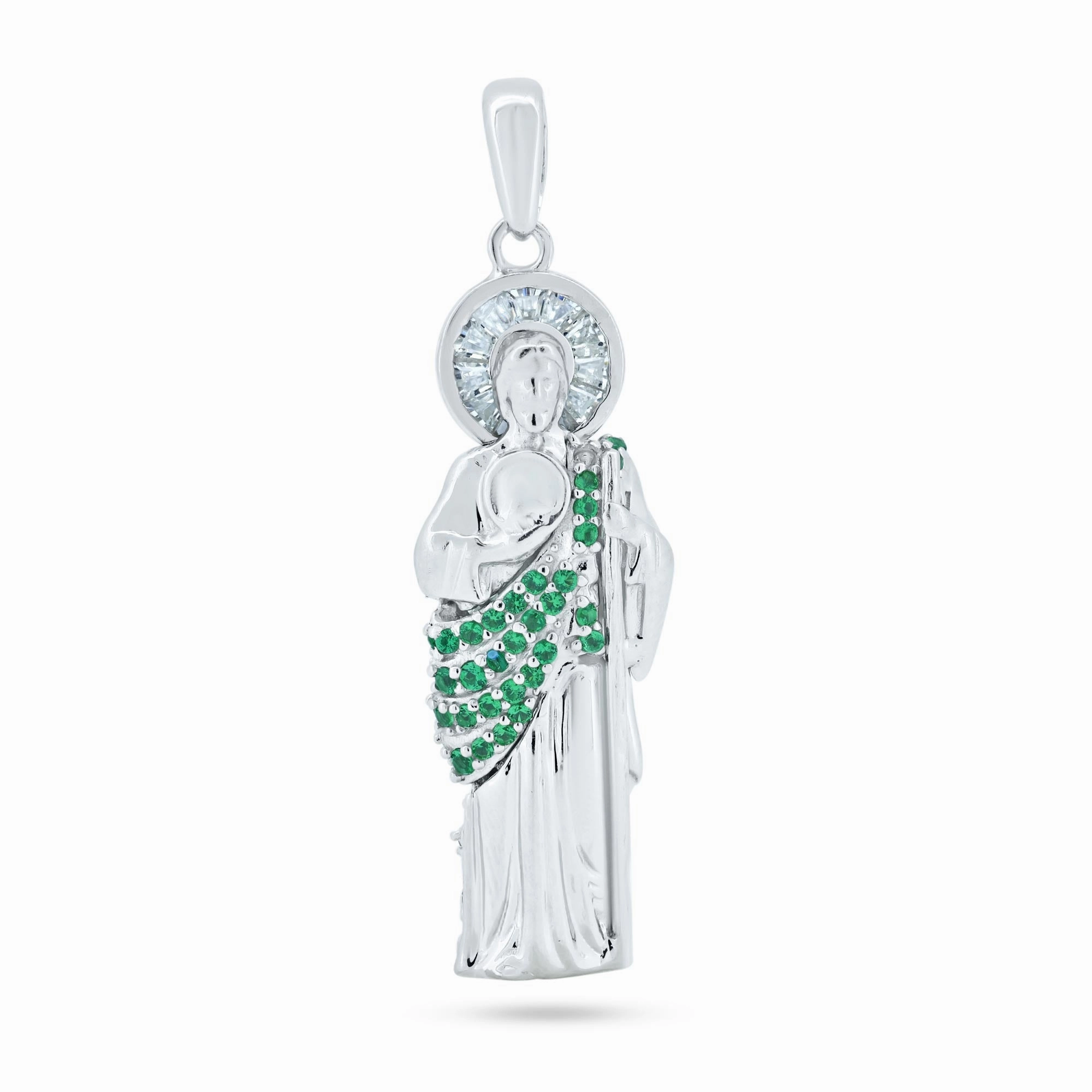 Rhodium Plated 925 Sterling Silver Green CZ St Jude Pendant - GMP00128