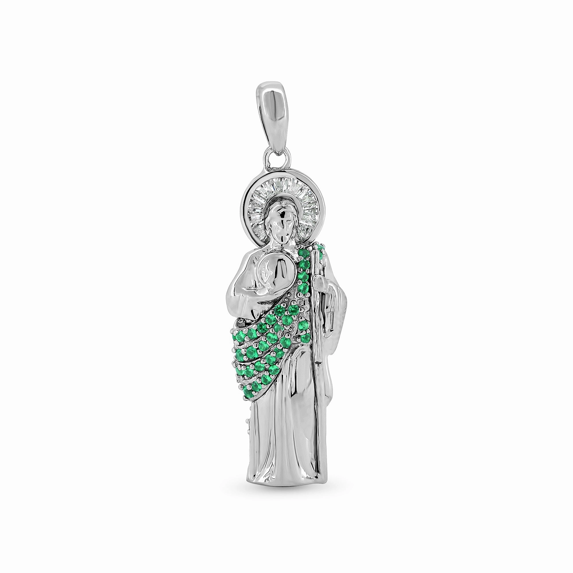 Rhodium Plated 925 Sterling Silver Green CZ St Jude Pendant - GMP00128