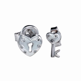 Rhodium Plated 925 Sterling Silver Heart Padlock Stud Earrings - STE01158RH
