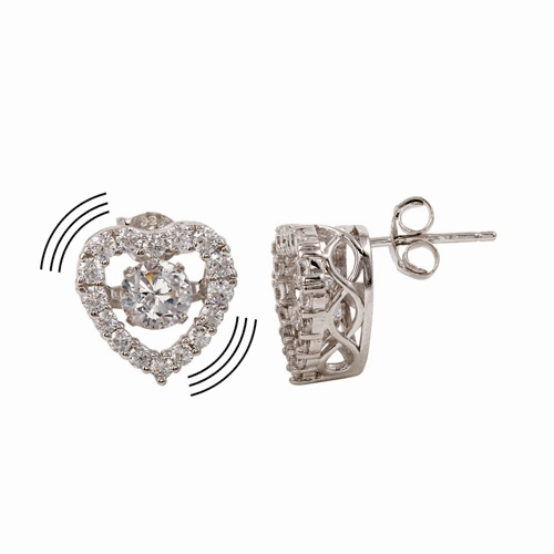 Rhodium Plated 925 Sterling Silver Heart-Shaped Dancing CZ Stud Earrings - STE01147