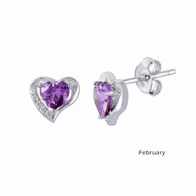 Rhodium Plated 925 Sterling Silver Heart with Birthstone Center Stud Earrings February - STE01028-FEB