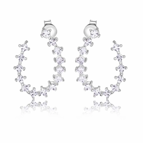 Rhodium Plated 925 Sterling Silver Indented Semi Hoop Square Cut Clear CZ Stud Earrings - BGE00747