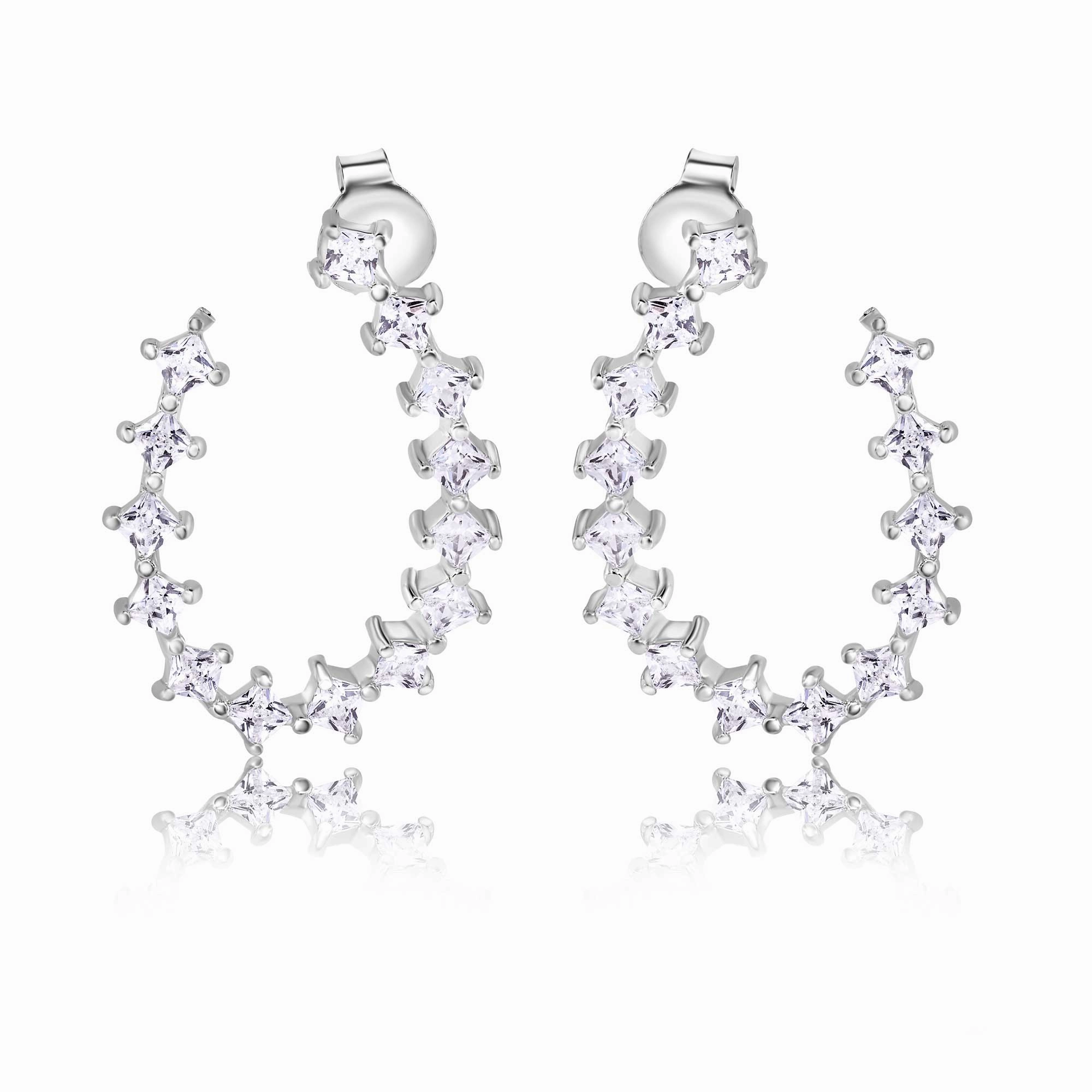 Rhodium Plated 925 Sterling Silver Indented Semi Hoop Square Cut Clear CZ Stud Earrings - BGE00747