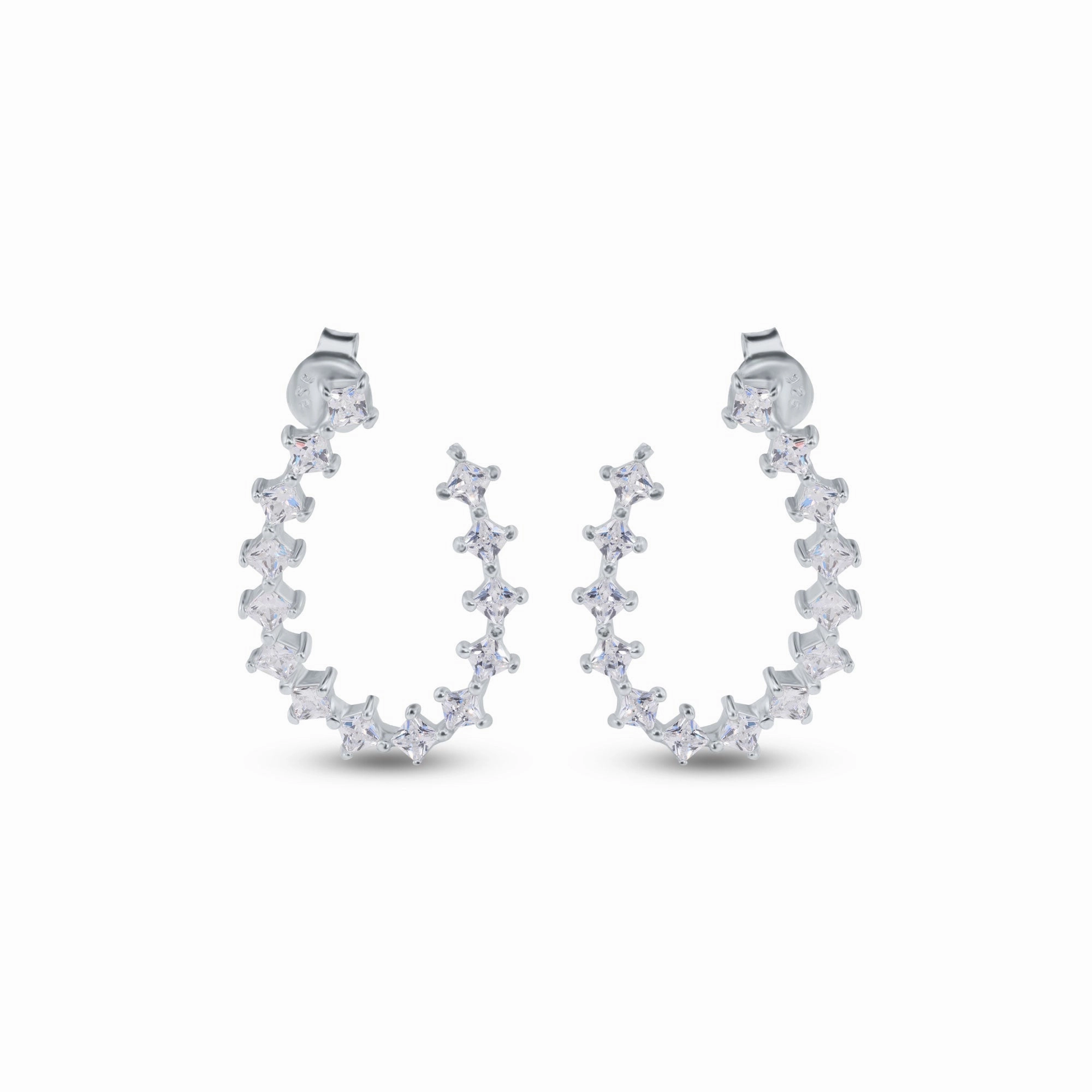 Rhodium Plated 925 Sterling Silver Indented Semi Hoop Square Cut Clear CZ Stud Earrings - BGE00747