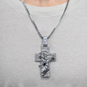 Rhodium Plated 925 Sterling Silver Jesus Christ Cross Baguette CZ Studded 38mm x 60mm Pendant - PAP00201