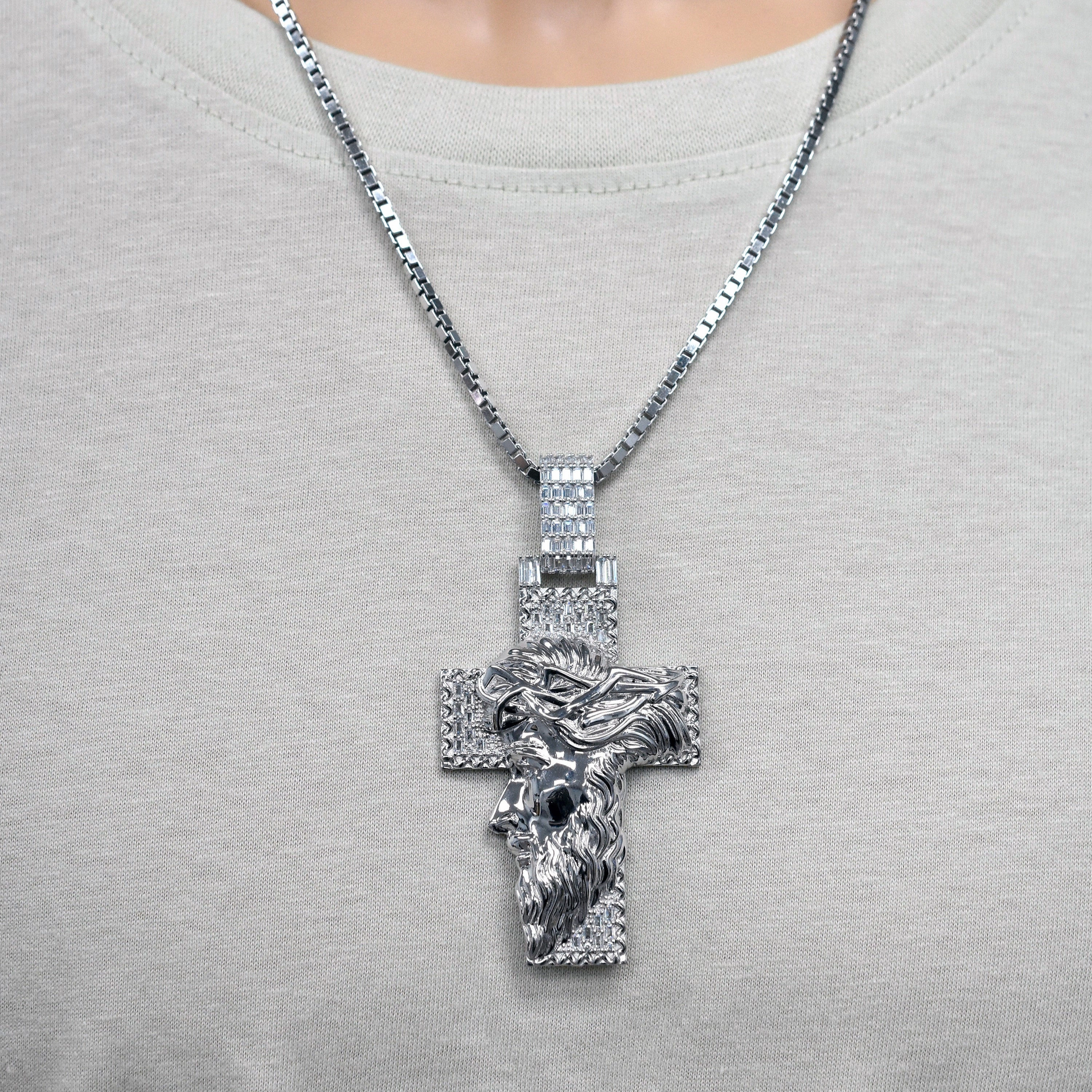 Rhodium Plated 925 Sterling Silver Jesus Christ Cross Baguette CZ Studded 38mm x 60mm Pendant - PAP00201