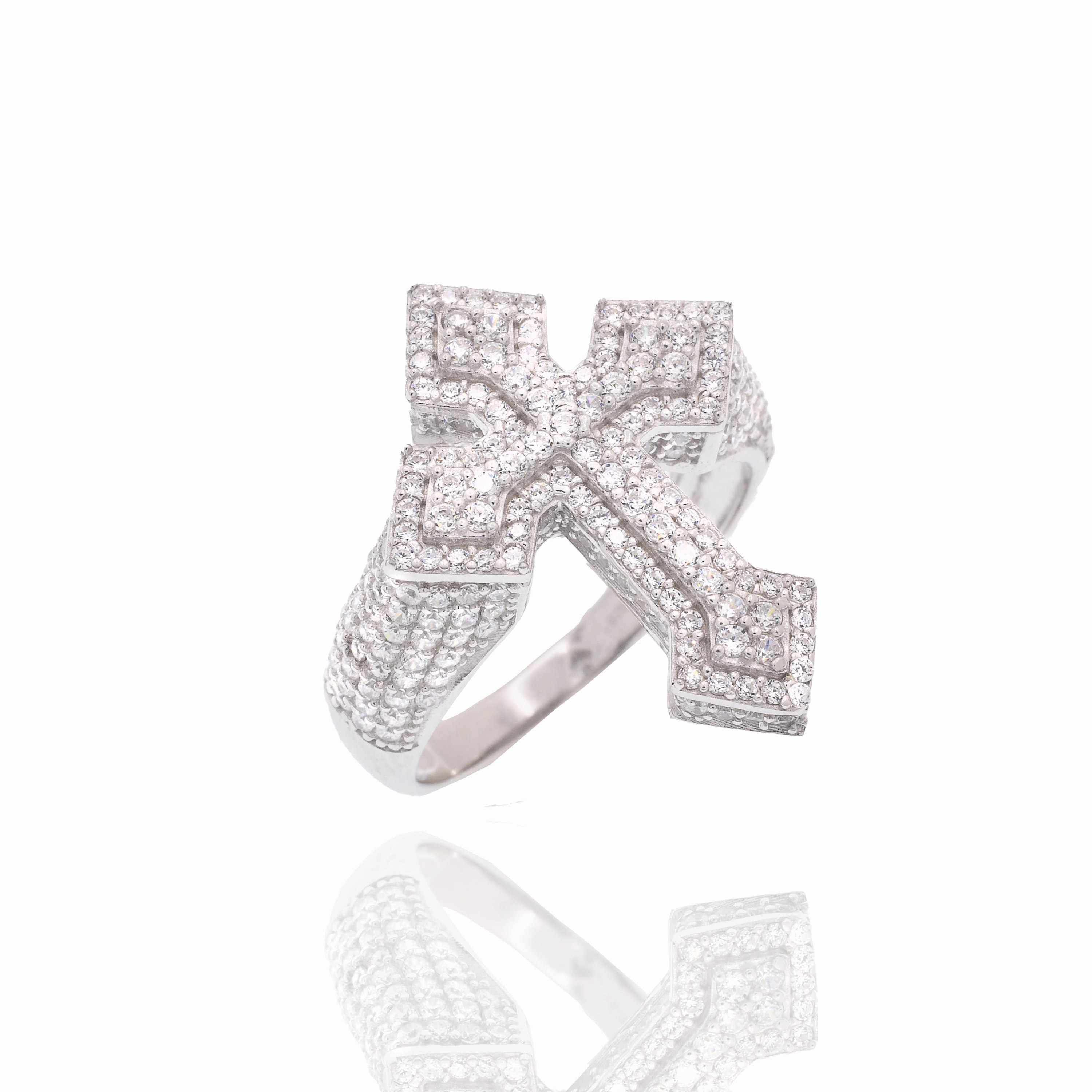 Rhodium Plated 925 Sterling Silver Men's Iced Out Cross Pave CZ Statement Ring - PAR00437