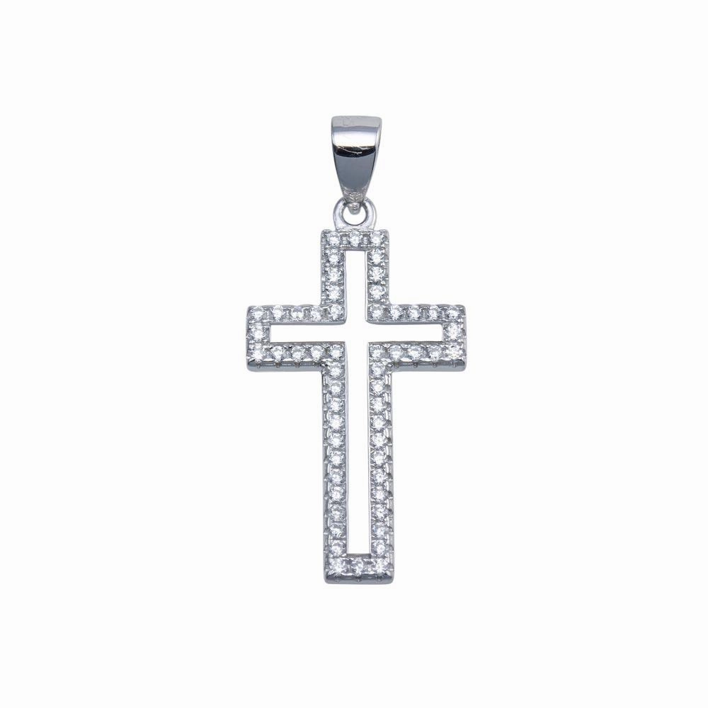 Rhodium Plated 925 Sterling Silver Moissanite 15mm x 23mm Border Cross Hip Hop Pendant - MSLP00096