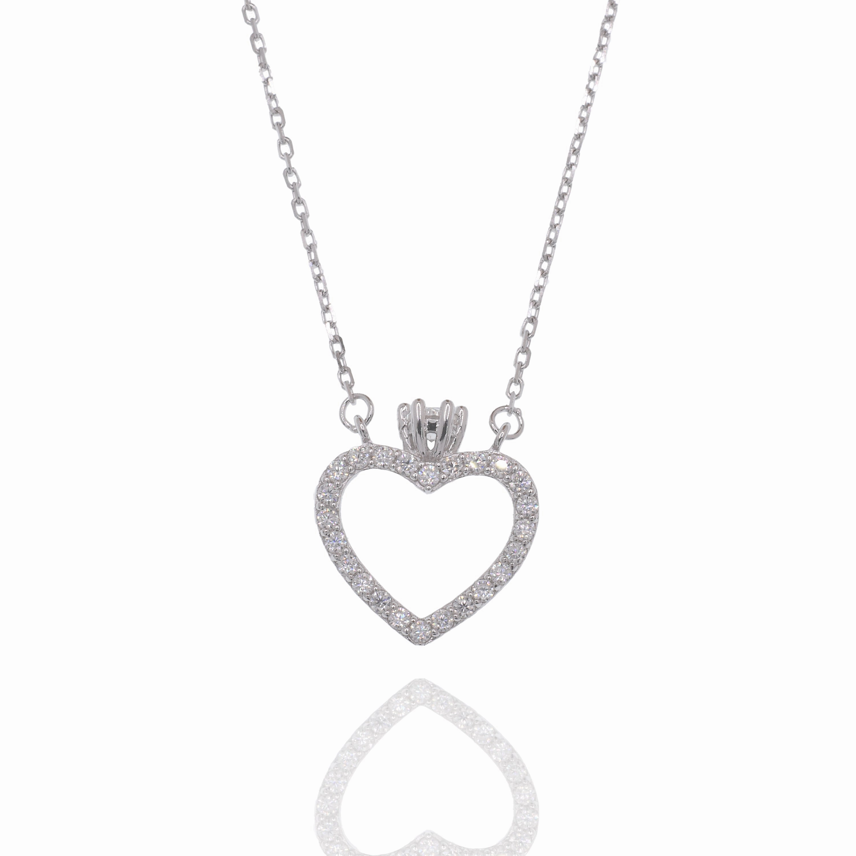 Rhodium Plated 925 Sterling Silver Moissanite Heart Crown 13.1mm x 15.2mm Pendant Adjustable Necklace - MPAN0003