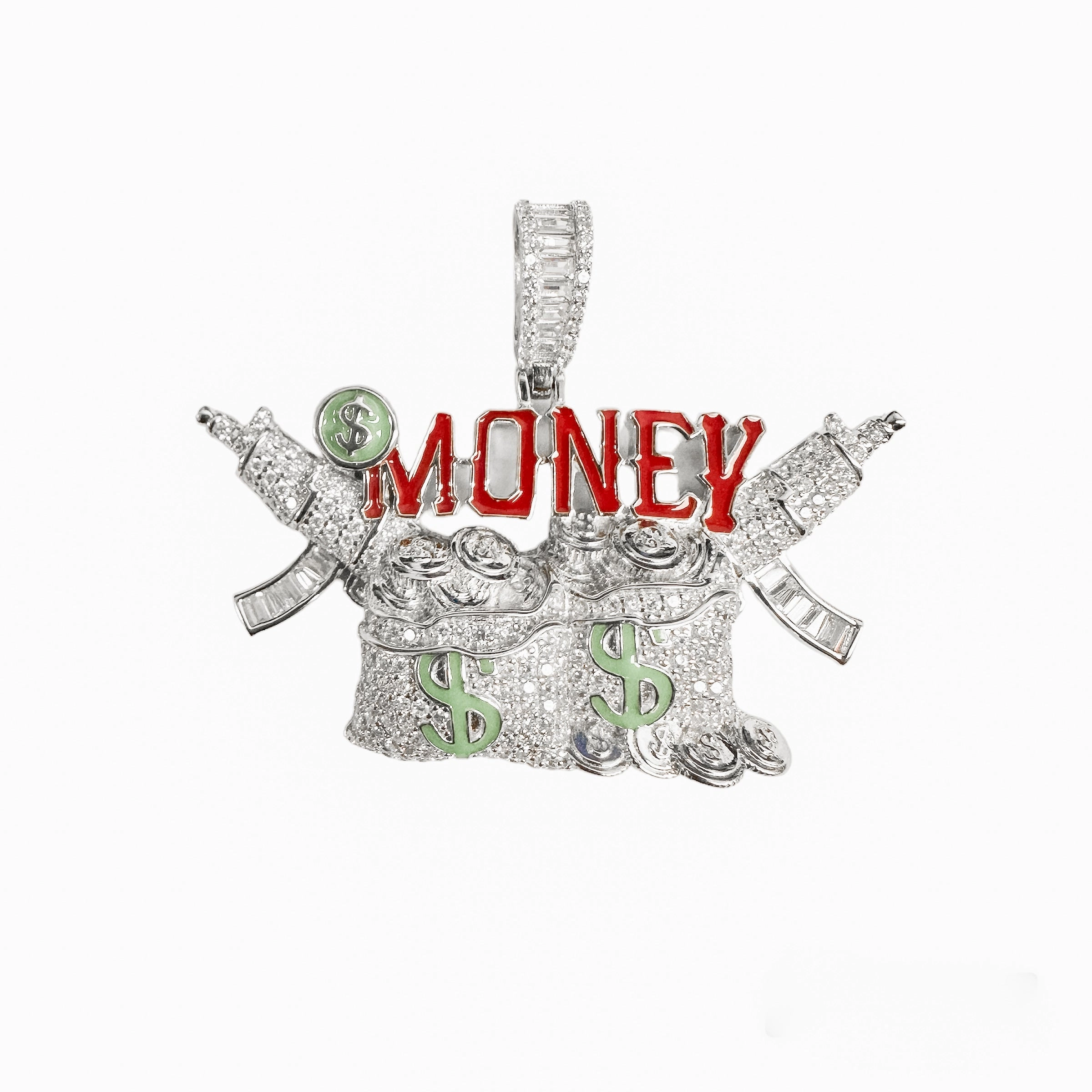 Rhodium Plated 925 Sterling Silver Money Bag Guns Clear CZ Red and Green Enamel Pendant - SLP00416