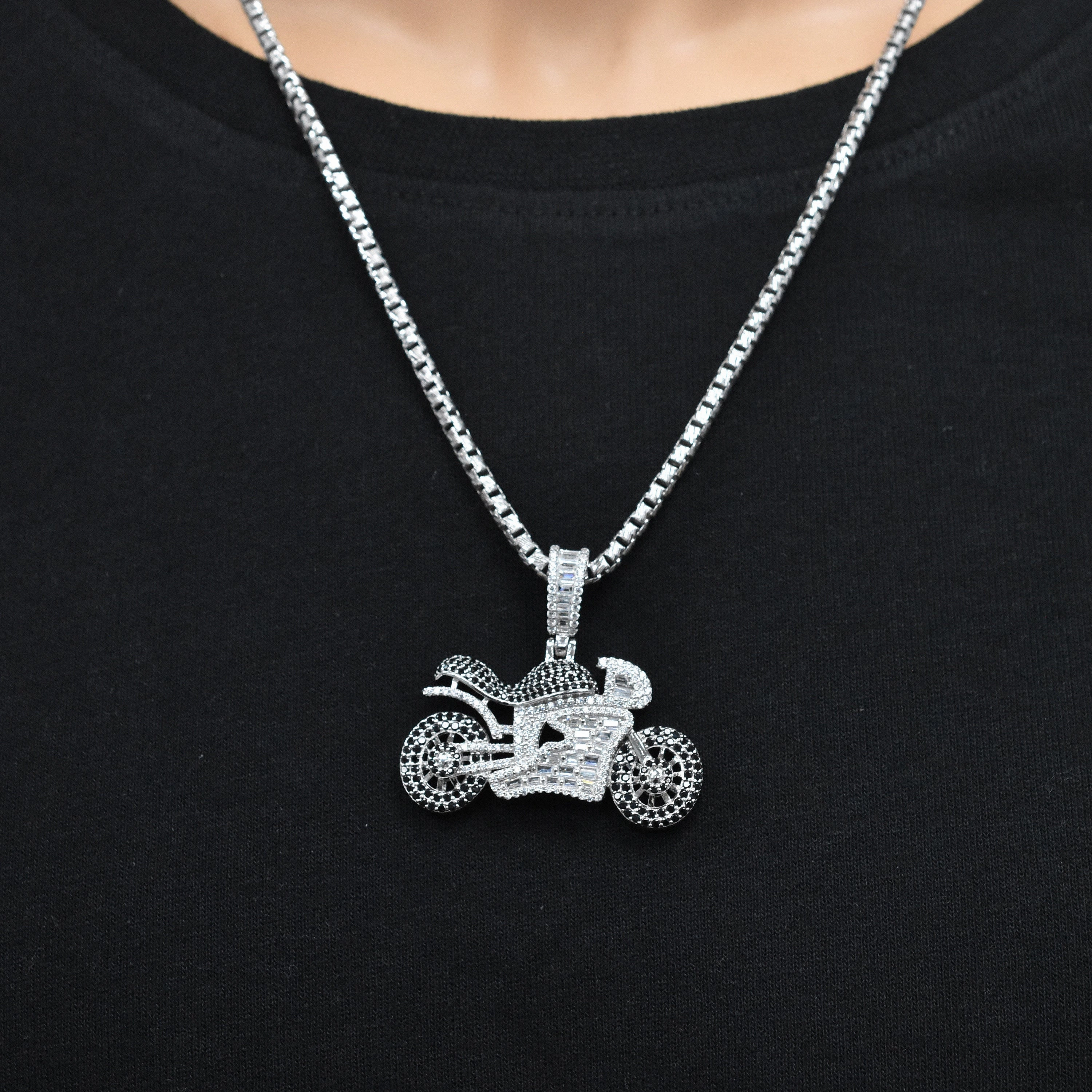 Rhodium Plated 925 Sterling Silver Motocycle Black Round and Clear Baguette CZ Studded 40mm x 22mm Pendant - SLP00487
