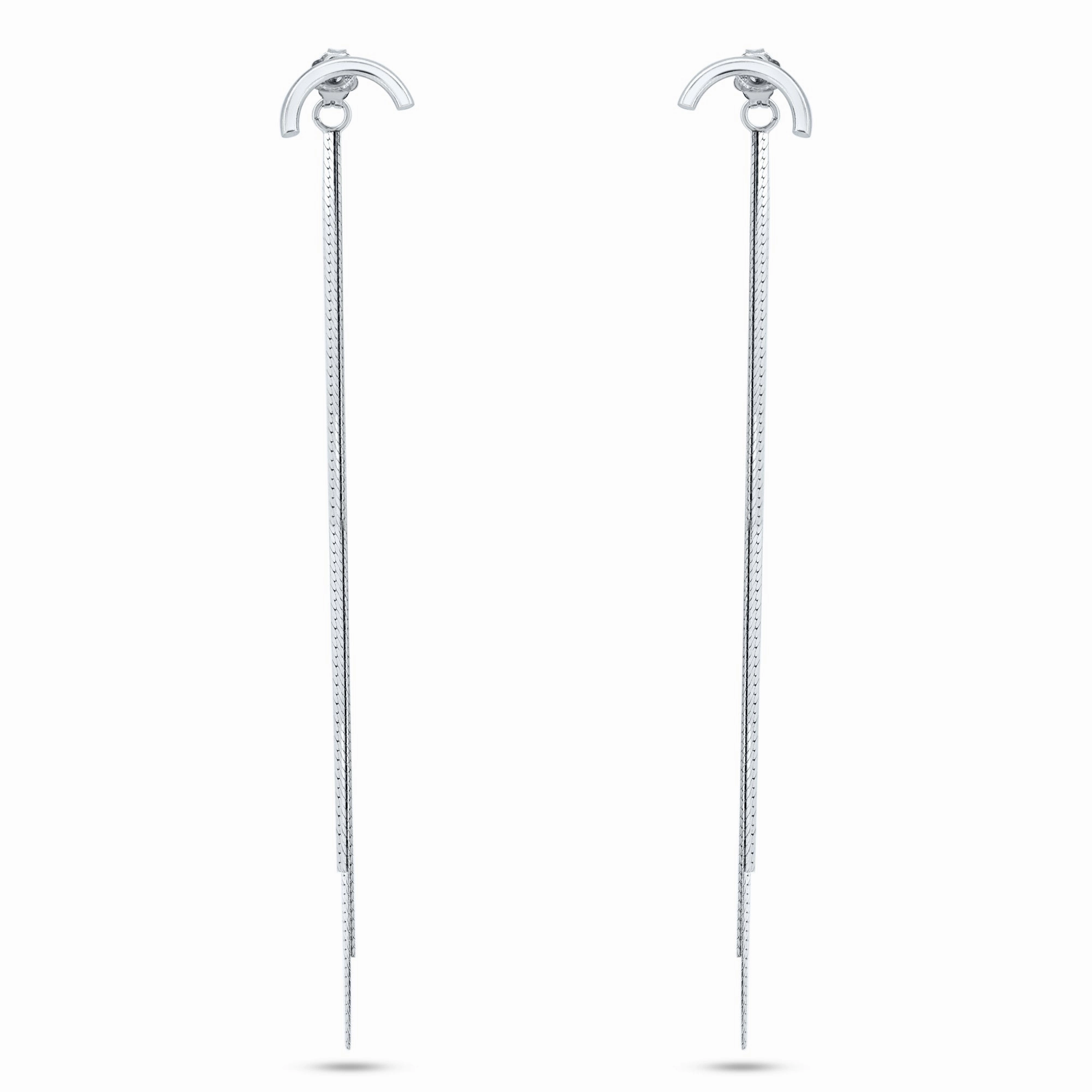 Rhodium Plated 925 Sterling Silver Multi Herringbone Dangling Crescent Stud Earrings - ECE00066RH