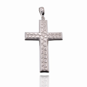 Rhodium Plated 925 Sterling Silver Nugget Cross 35.5mm x 53mm Pendant - SLP00478