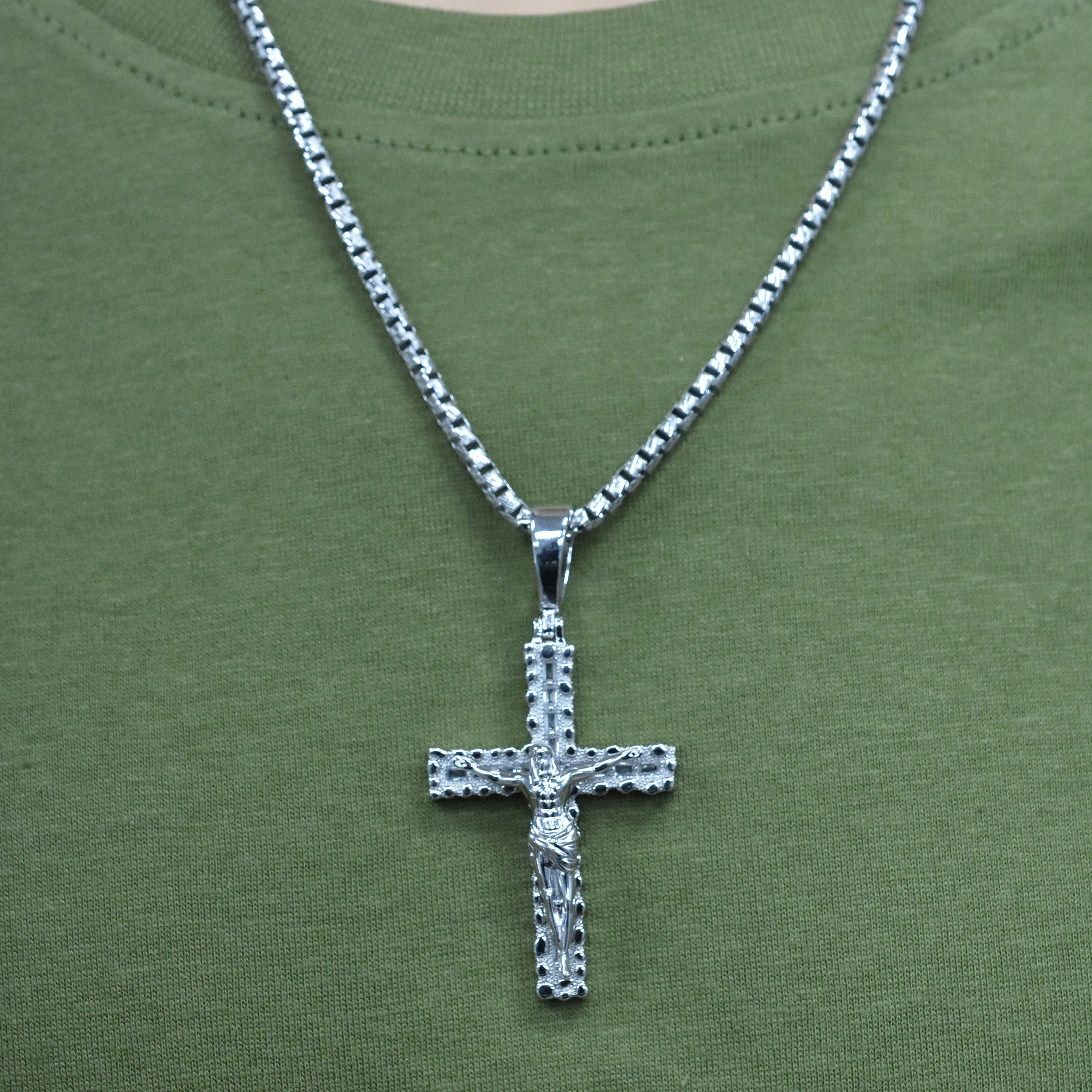 Rhodium Plated 925 Sterling Silver Nugget Crucifix Cross Baguette Clear CZ 29mm x 41mm Pendant - SLP00489