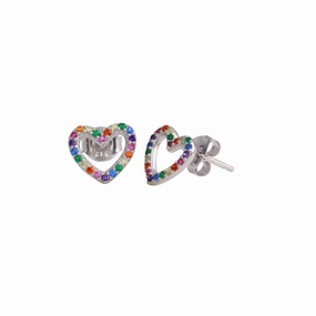 Rhodium Plated 925 Sterling Silver Open Heart Stud Earrings with Multi-Colored CZ - BGE00613