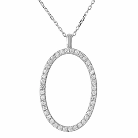 Rhodium Plated 925 Sterling Silver Open Oval with CZ Necklace - BGP01189