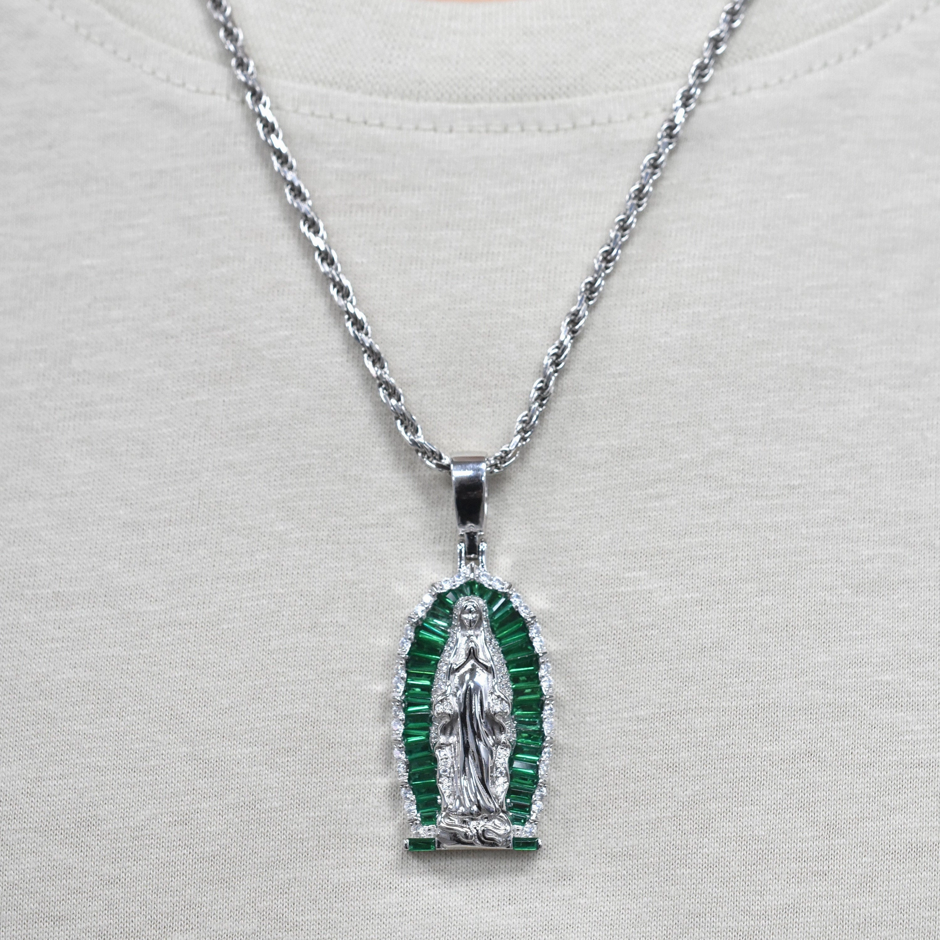 Rhodium Plated 925 Sterling Silver Our Lady of Guadalupe Green Baguette and Round Clear CZ 21mm x 35mm Pendant - SLP00485