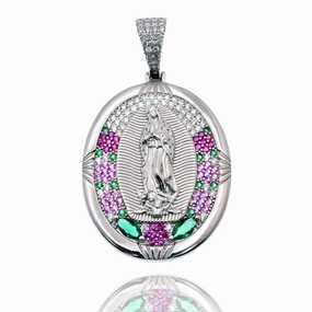 Rhodium Plated 925 Sterling Silver Our Lady of Guadalupe Multicolor CZ Iced Out 28mm x 35mm Pendant - SLP00492