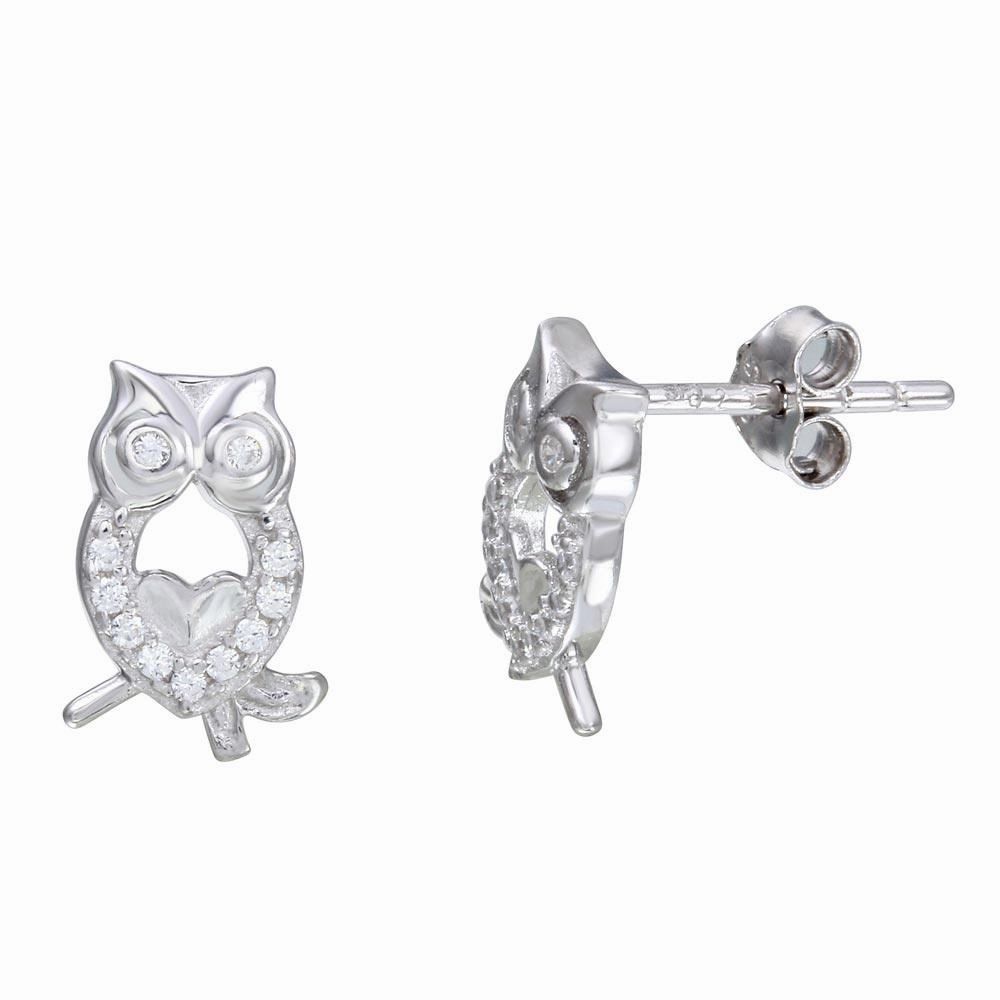 Rhodium Plated 925 Sterling Silver Owl CZ Stud Earrings - STE01104