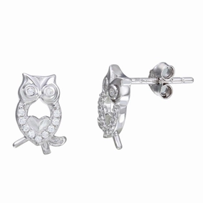 Rhodium Plated 925 Sterling Silver Owl CZ Stud Earrings - STE01104