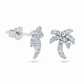 Rhodium Plated 925 Sterling Silver Palm Tree CZ Stud Earrings - STE01362