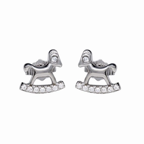 Rhodium Plated 925 Sterling Silver Rocking Horse Stud Earrings with CZ - STE01159RH