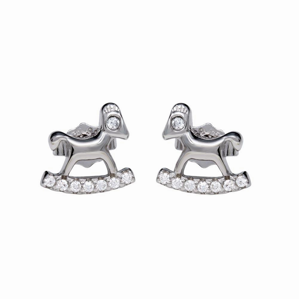 Rhodium Plated 925 Sterling Silver Rocking Horse Stud Earrings with CZ - STE01159RH
