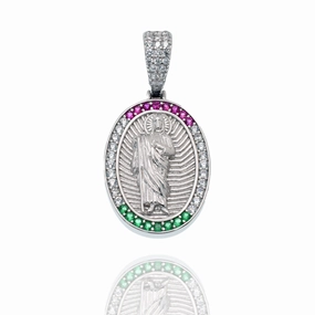 Rhodium Plated 925 Sterling Silver Saint Jude Clear Red and Green 17mm x 24mm Oval Pendant - SLP00490