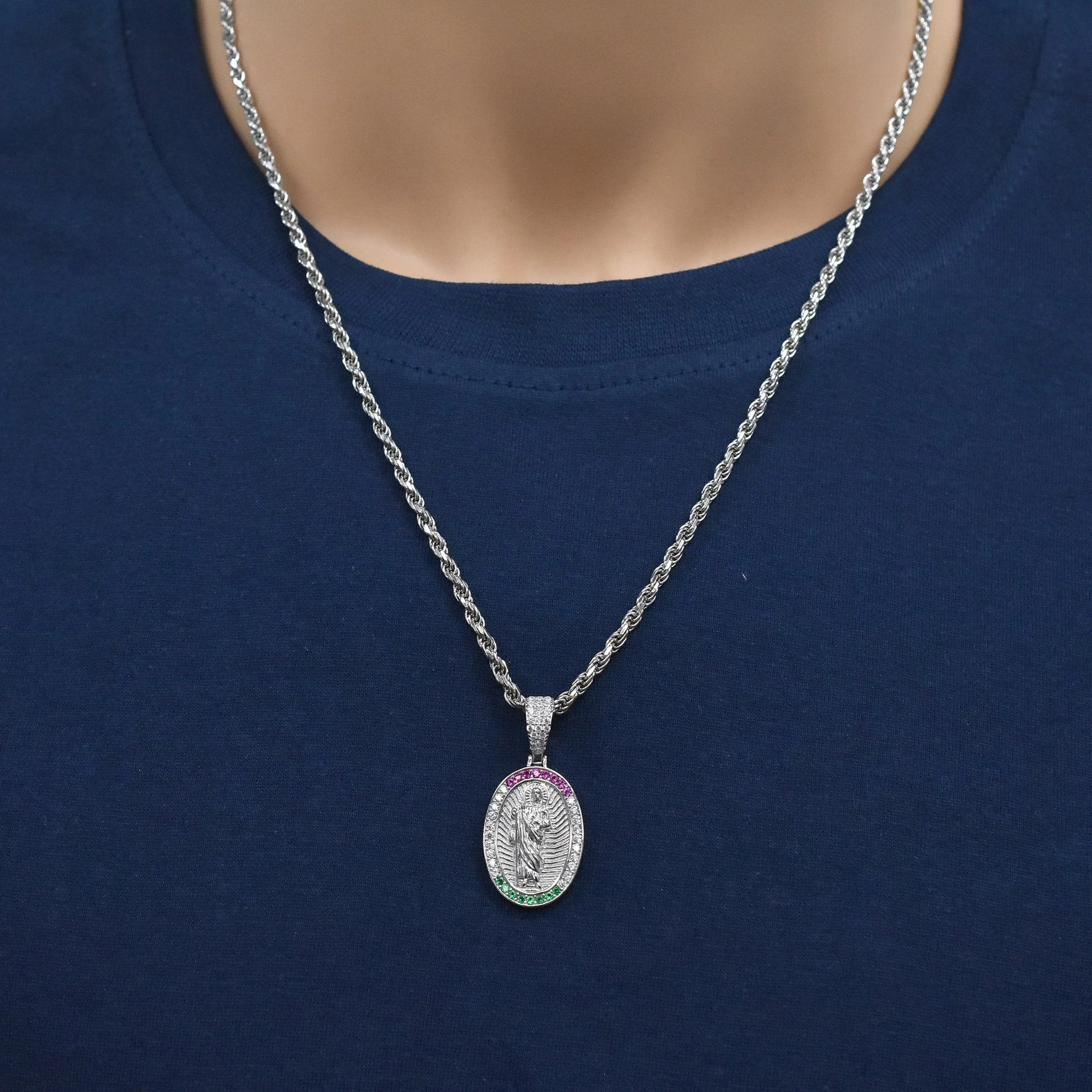 Rhodium Plated 925 Sterling Silver Saint Jude Clear Red and Green 17mm x 24mm Oval Pendant - SLP00490