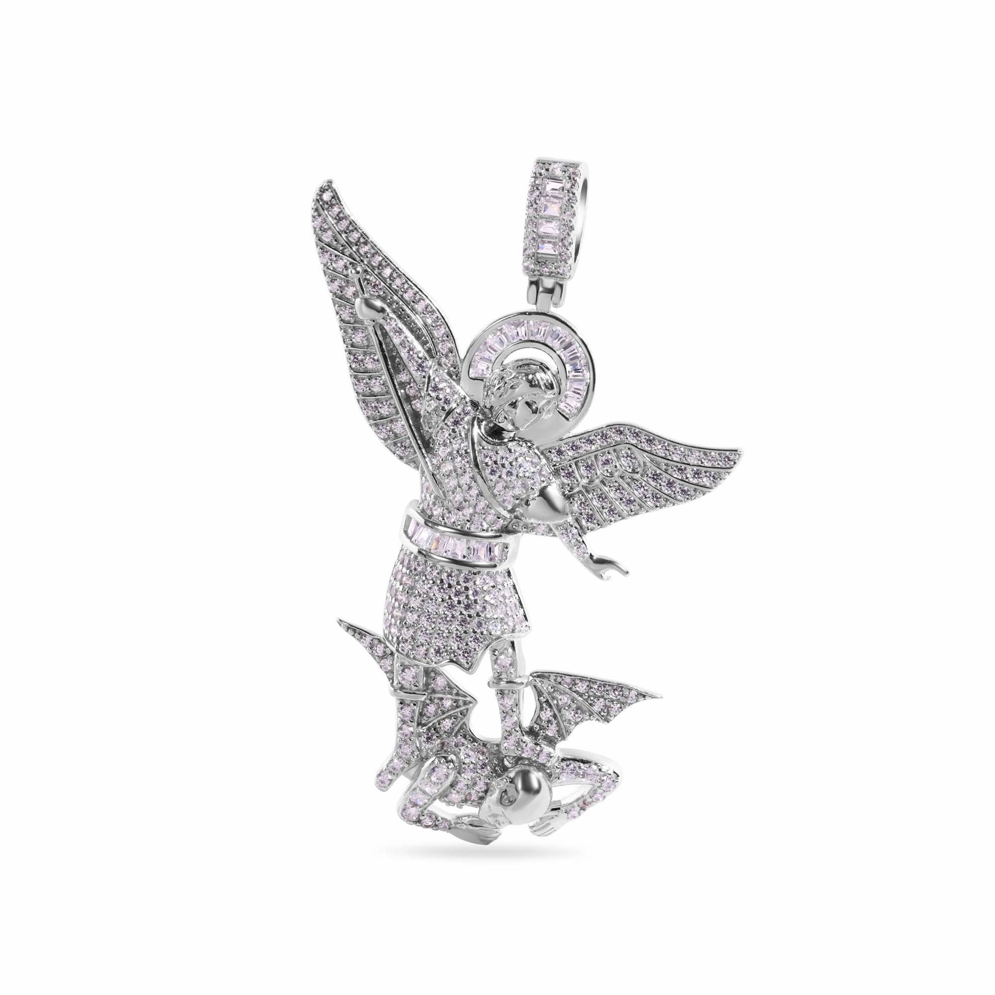 Rhodium Plated 925 Sterling Silver Saint Michael Clear CZ Small Pendant - GMP00153