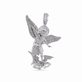 Rhodium Plated 925 Sterling Silver Saint Michael Clear CZ Small Pendant - GMP00153