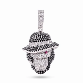Rhodium Plated 925 Sterling Silver Smoking Ape Monkey Hat Clear Red and Black CZ Pendant - SLP00419