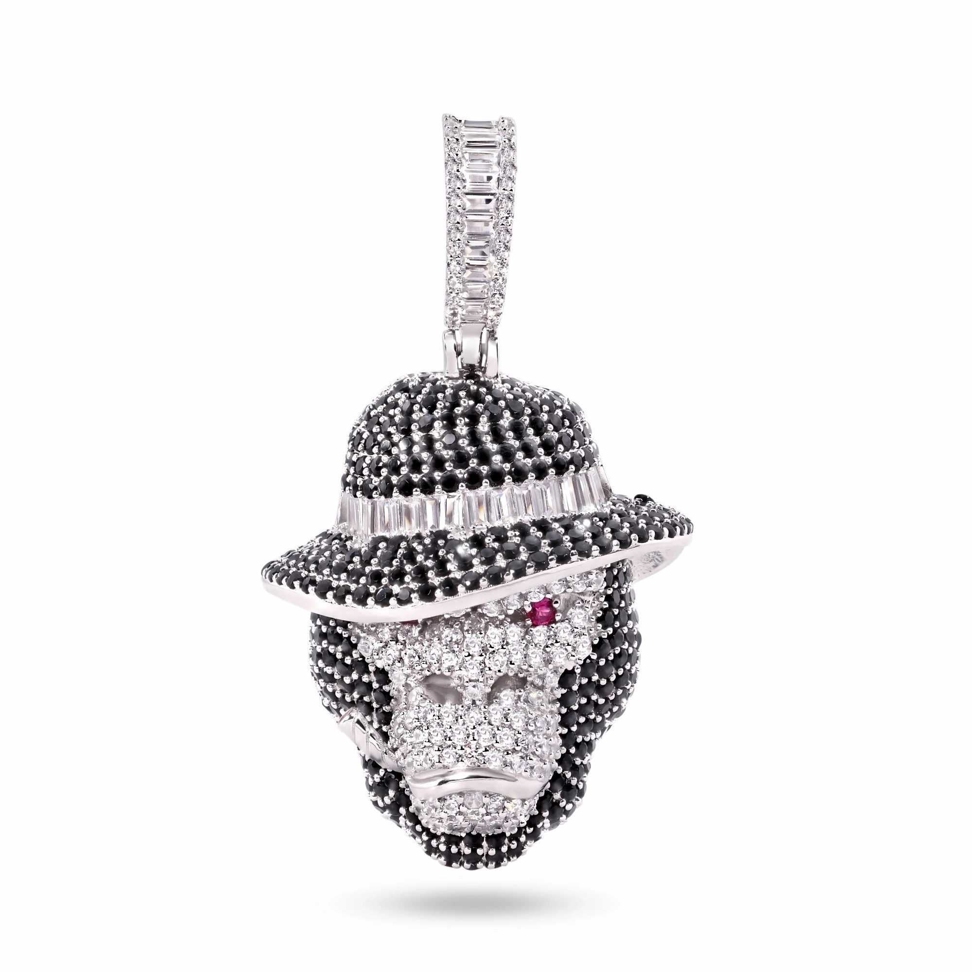 Rhodium Plated 925 Sterling Silver Smoking Ape Monkey Hat Clear Red and Black CZ Pendant - SLP00419