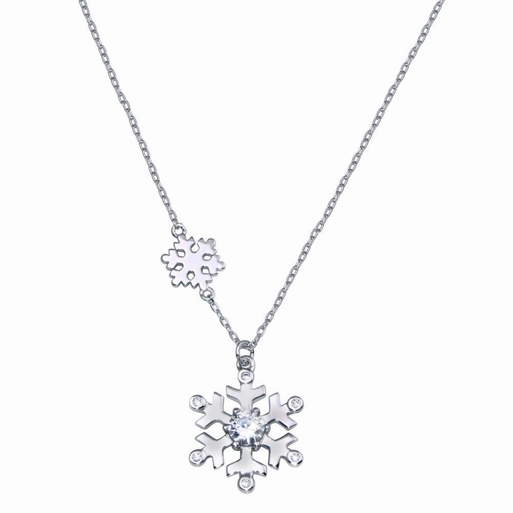 Rhodium Plated 925 Sterling Silver Snow Flakes CZ Necklace - STP01825